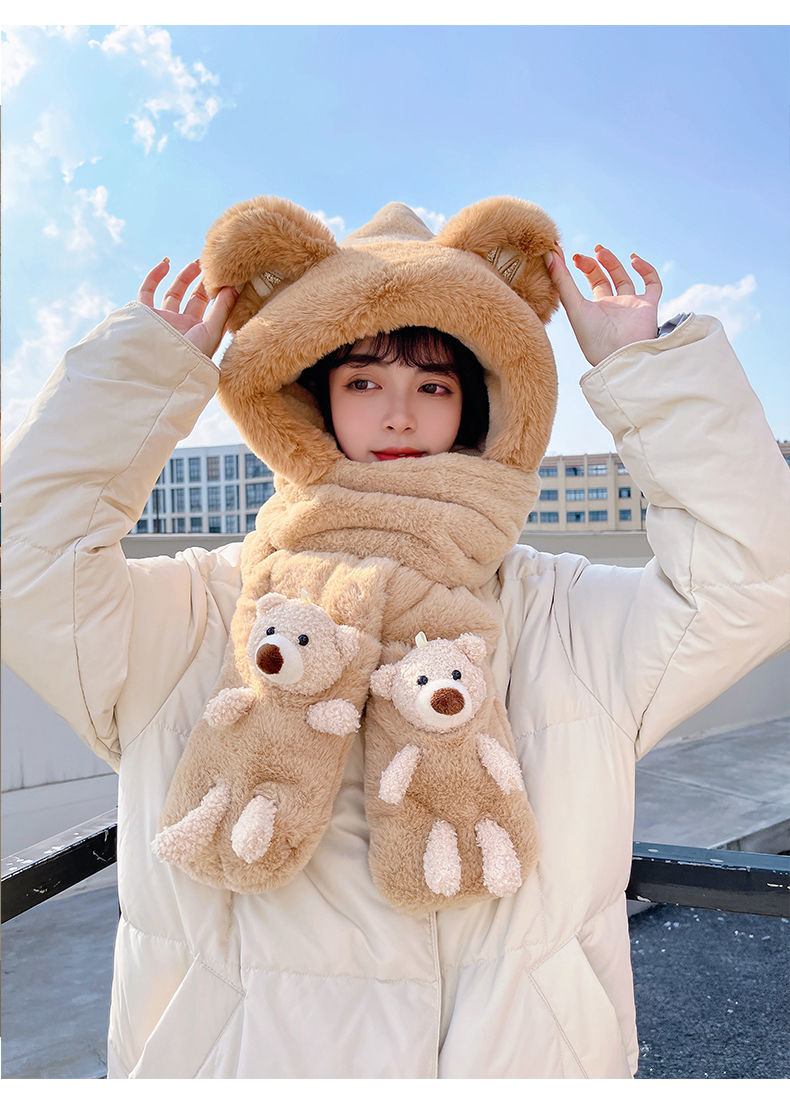 乔与乔伊冬季围脖女三件小熊帽子围巾一体女冬天冬季保暖可爱连帽围脖