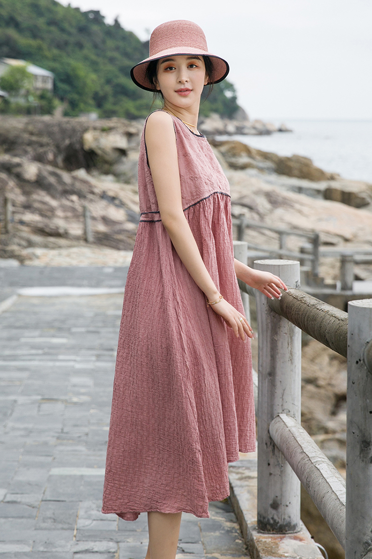 裳冉连衣裙气质女神范衣服藕粉色长裙脚踝温柔仙气刺绣森系夏 奶粉色