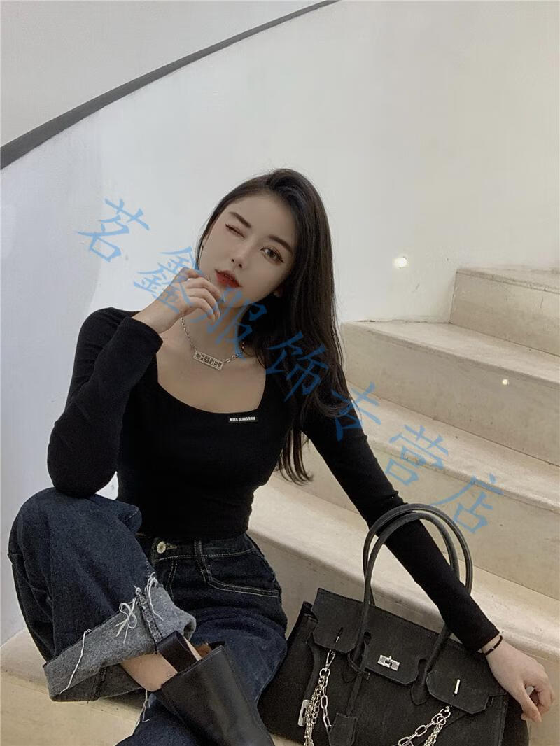 网红抖音快手女主播直播衣服装性感上衣上镜蹦迪秋黑色方领复古法式