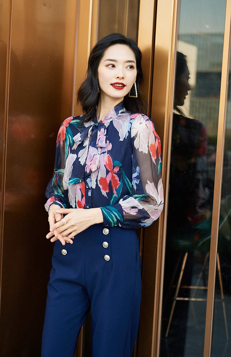 fleurwood雪纺衬衫女装时尚春装2021年新款气质轻熟风碎花飘带显瘦