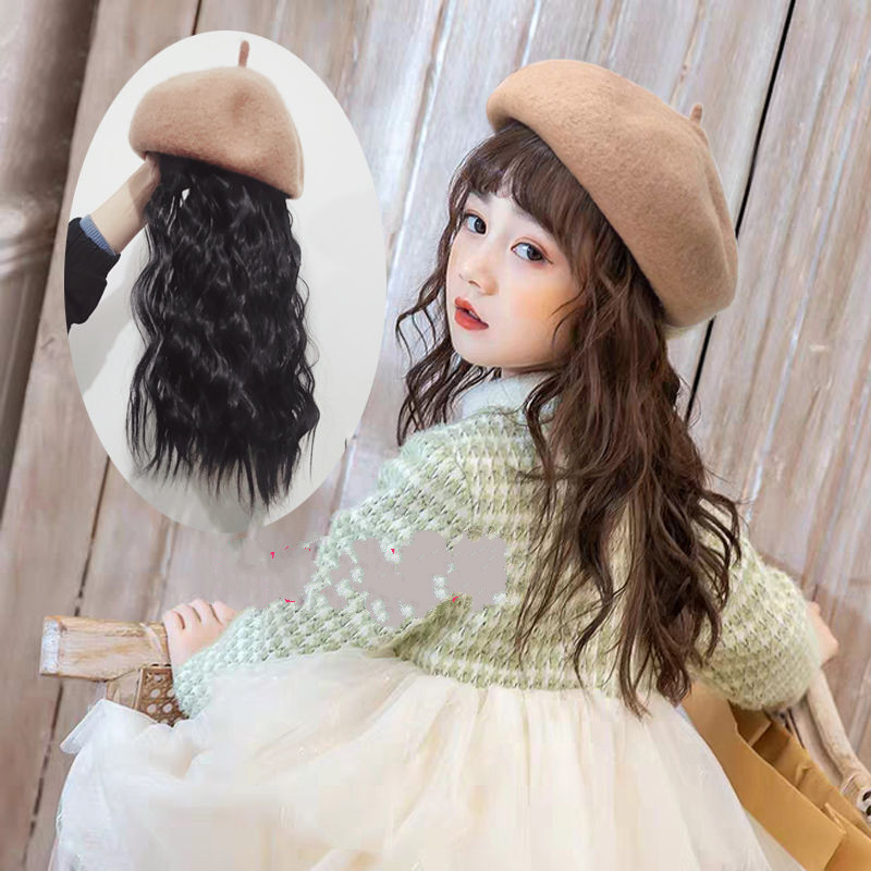 假发儿童贝雷帽子一体时尚时尚潮流长卷发网红秋冬款羊