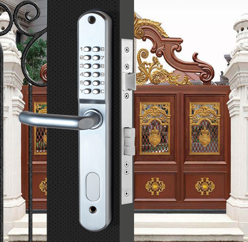 庭院门密码锁花园铁艺门铝艺门锁户外防水双面机械密码锁 银色单面