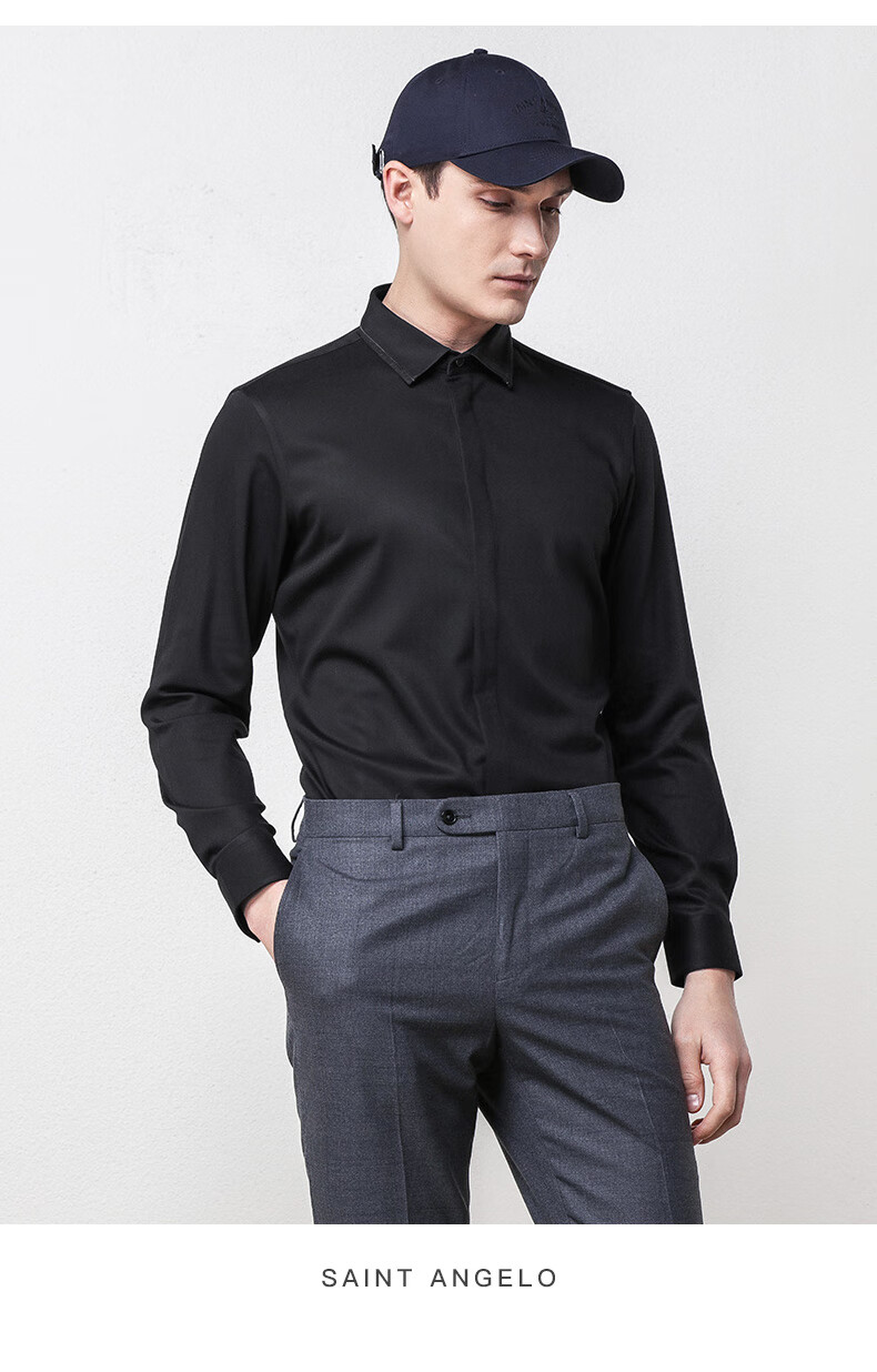 报喜鸟2021春秋季新款男士商务休闲长袖衬衫 修身黑色简约西服衬衣