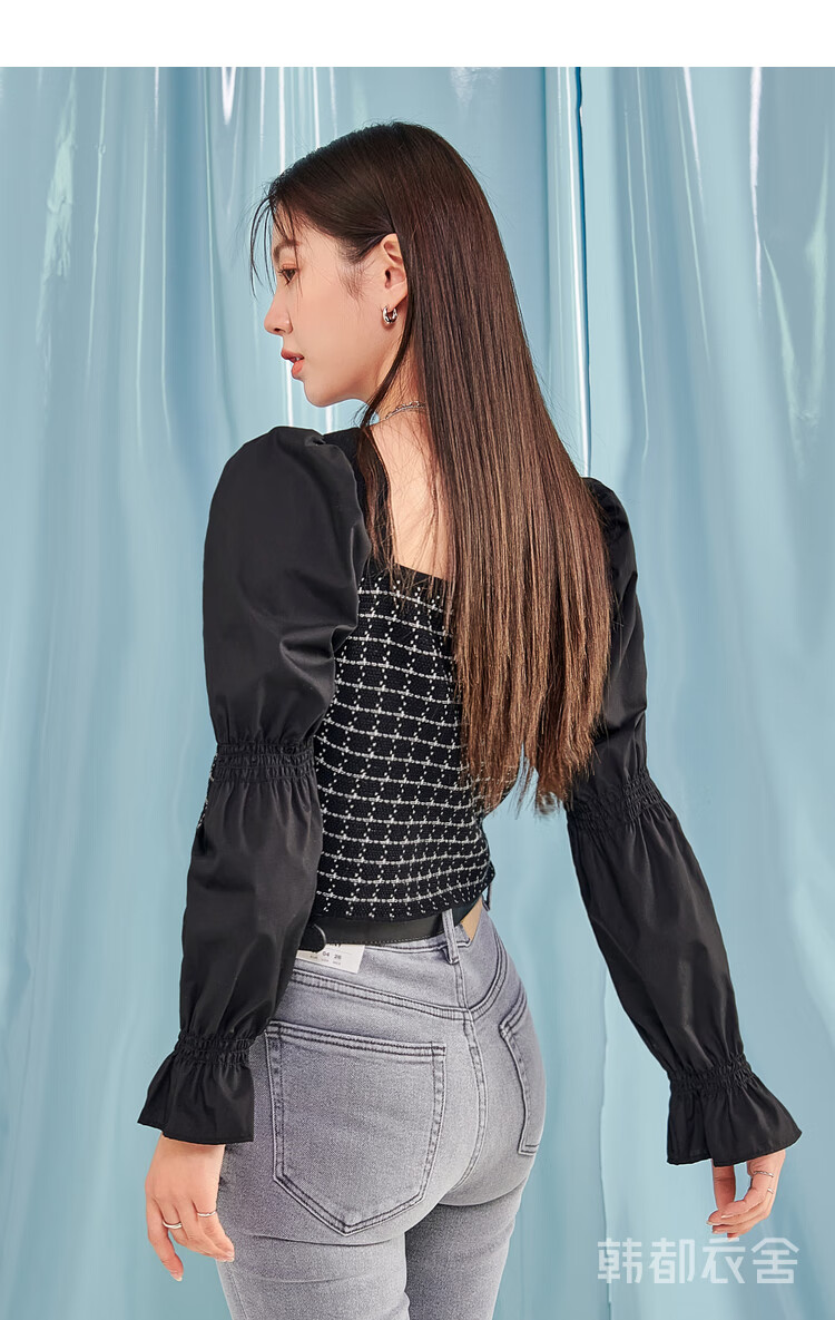 韩都衣舍2021春季新款女装方领拼接莲藕袖格纹短款针织衫jz14443 黑色