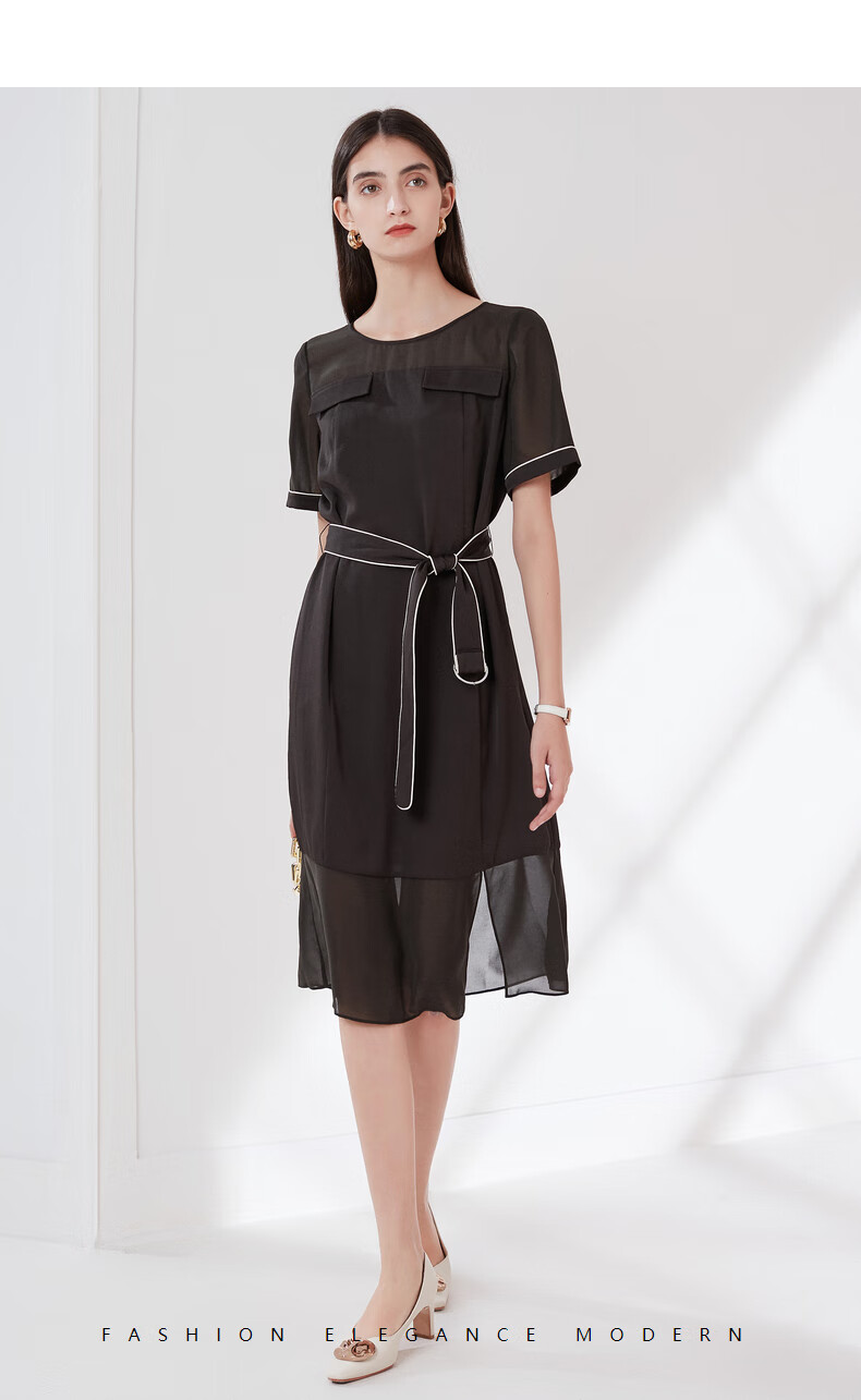 商场同款卡迪黛尔女装春季夏季新款气质中长裙网纱雪纺连衣裙灰翠绿色