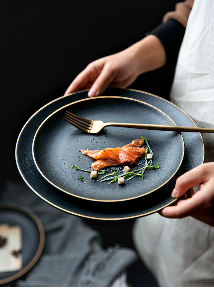 北欧金边牛排盘意面盘点心盘家用平盘子磨砂陶瓷餐具 金边8英寸盘