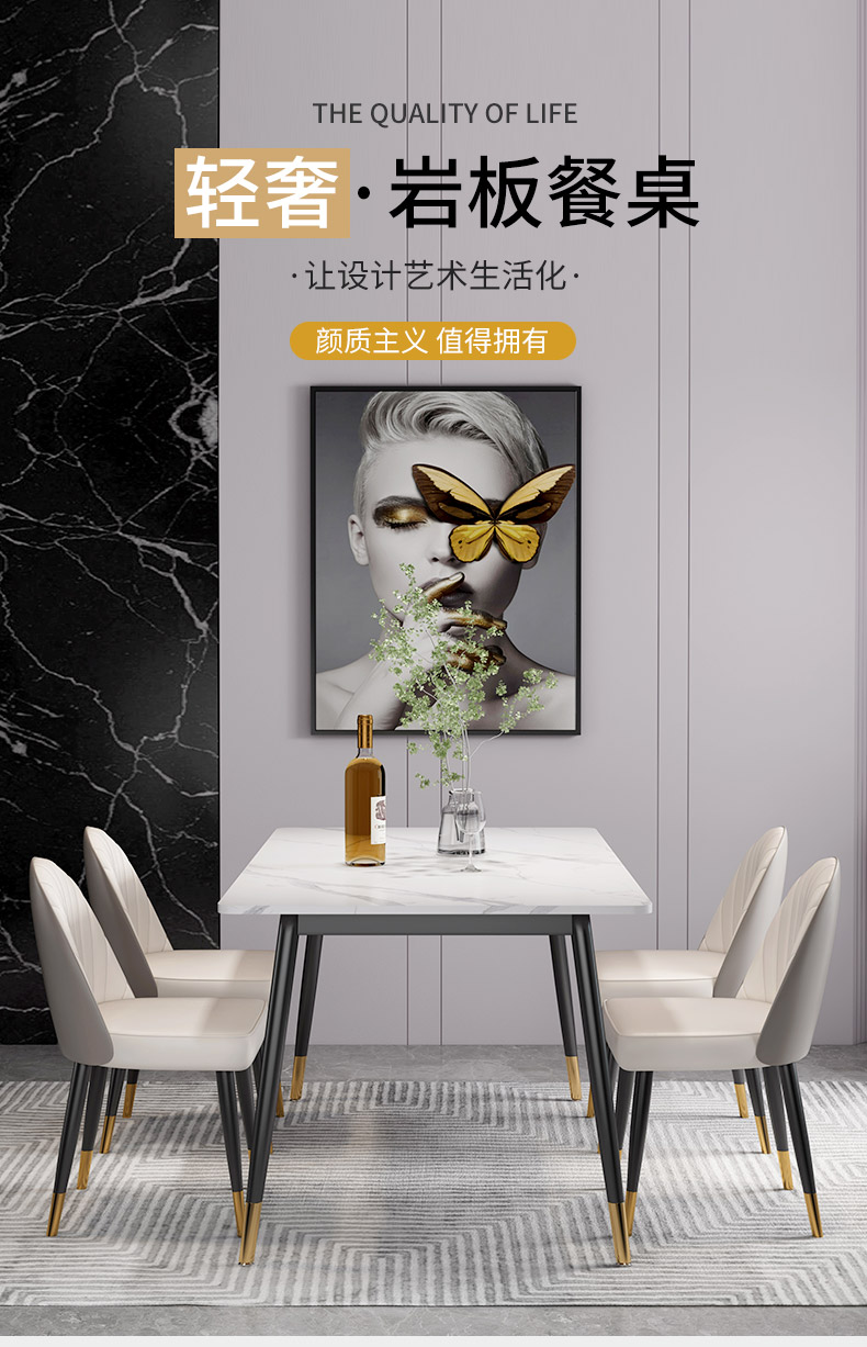 伊琦美 岩板餐桌现代简约轻奢家用小户型吃饭桌子北欧风大理石餐桌椅组合 岩板雪山白【单桌120*60*75CM】