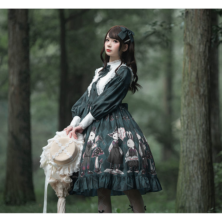 哥特式裙子lolita小裙子op暗黑华丽哥特简约洛丽塔洋装连衣裙 墨绿色