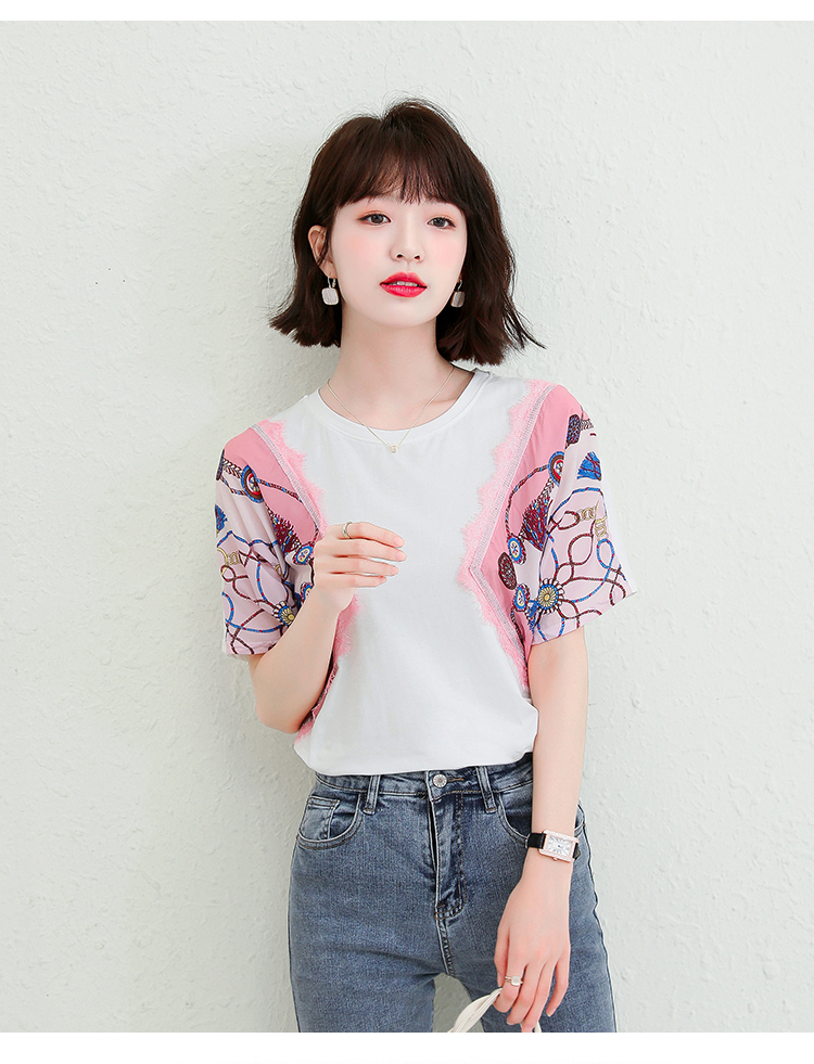 蔓逅 短袖t恤女韩版2021夏季新款时尚休闲女装印花蕾丝拼接烫钻圆领