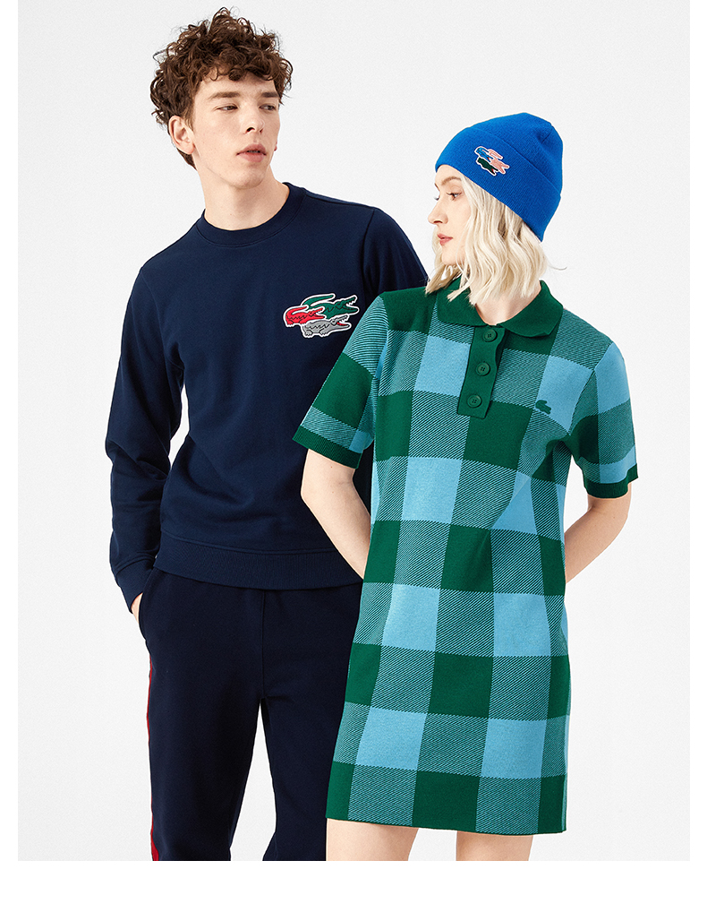 lacoste法国鳄鱼女装21秋冬新款时尚拼色翻领针织连衣裙女ef68261b8蓝