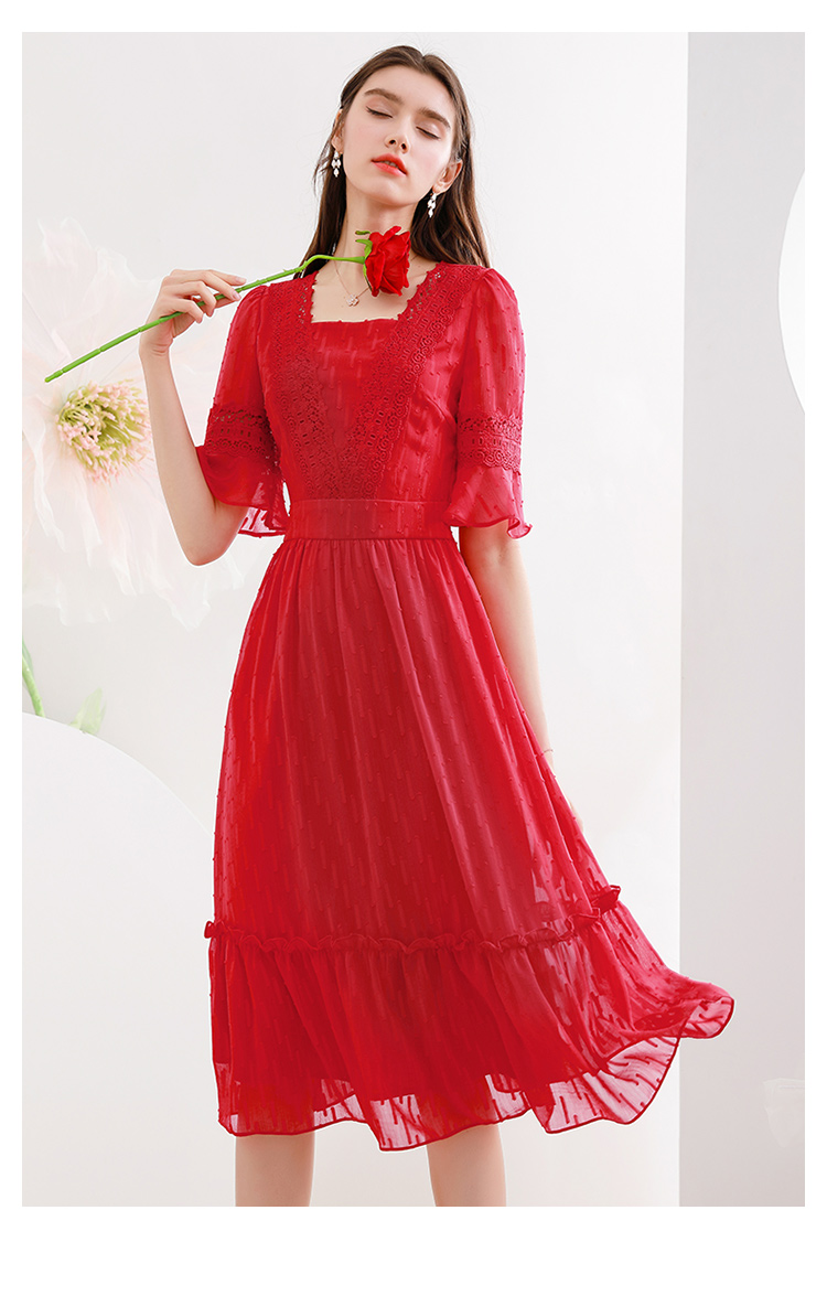 未风红色雪纺连衣裙女夏2021夏季新款女装气质高端方领长裙 红色 l