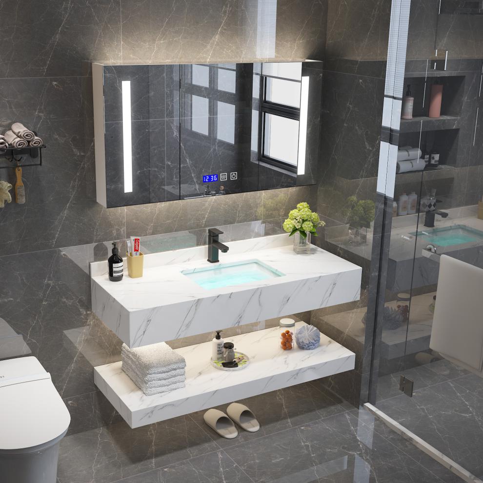 北欧双层大理石浴室柜组合简约现代洗脸盆洗手台盆柜卫生间洗漱台1米