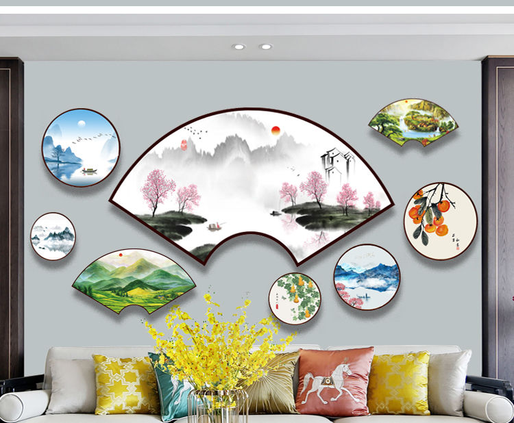 圣威堡 新中式客厅装饰画扇形国画山水画新中式实木扇形挂画客厅书房