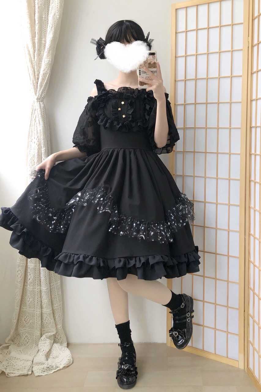 全款现货繁星落尘lolita仙女黑白两色jsk吊带洛丽塔连衣裙1019黑色s