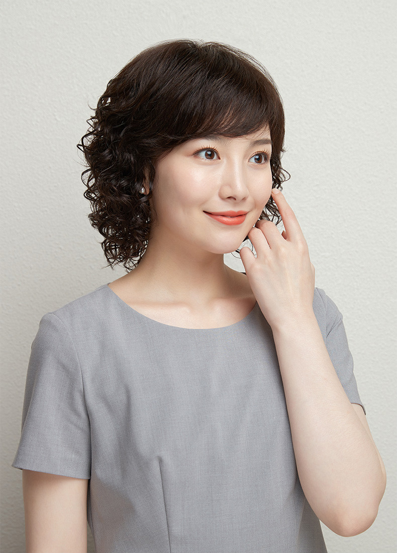 豪仕假发女短发全真发妈妈化疗自然全头套真人发丝中老年发型深棕色
