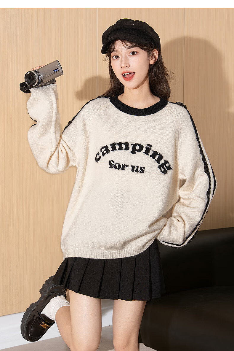 TonLion 2025 Autumn Winter Women's Crew Neck Color-Block Striped Front Text Knit Sweater 17