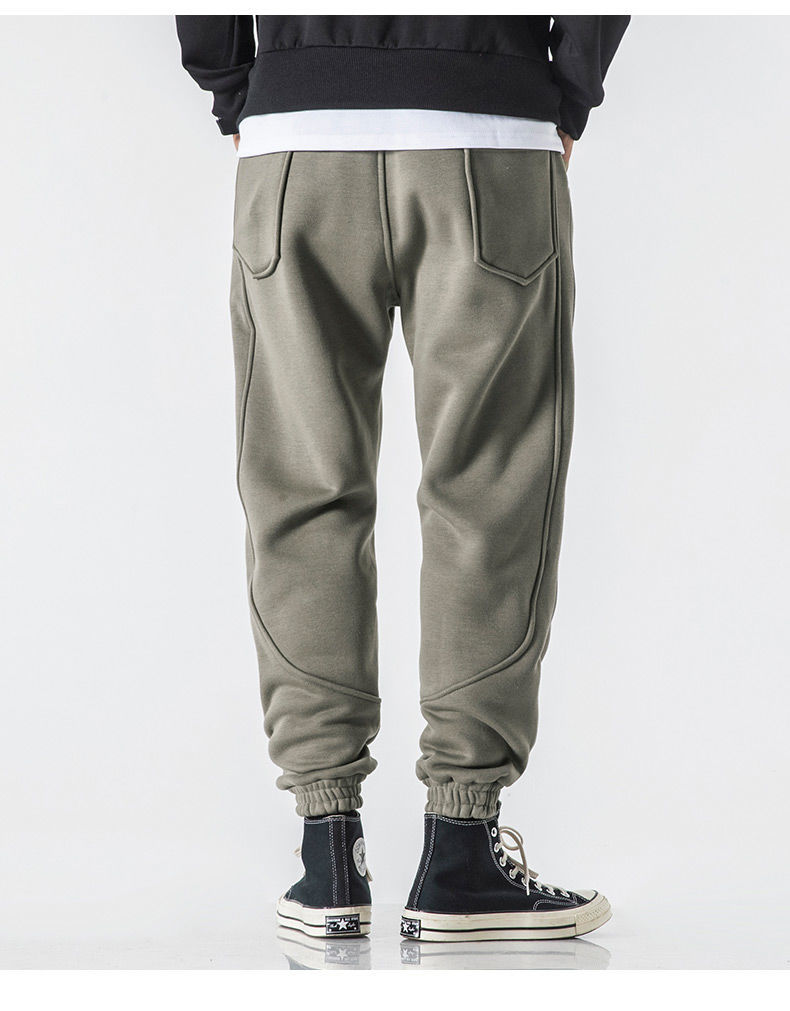 裤男秋冬款束脚裤宽松男士工装裤潮牌针织长裤加绒卫裤男灰绿适中款m