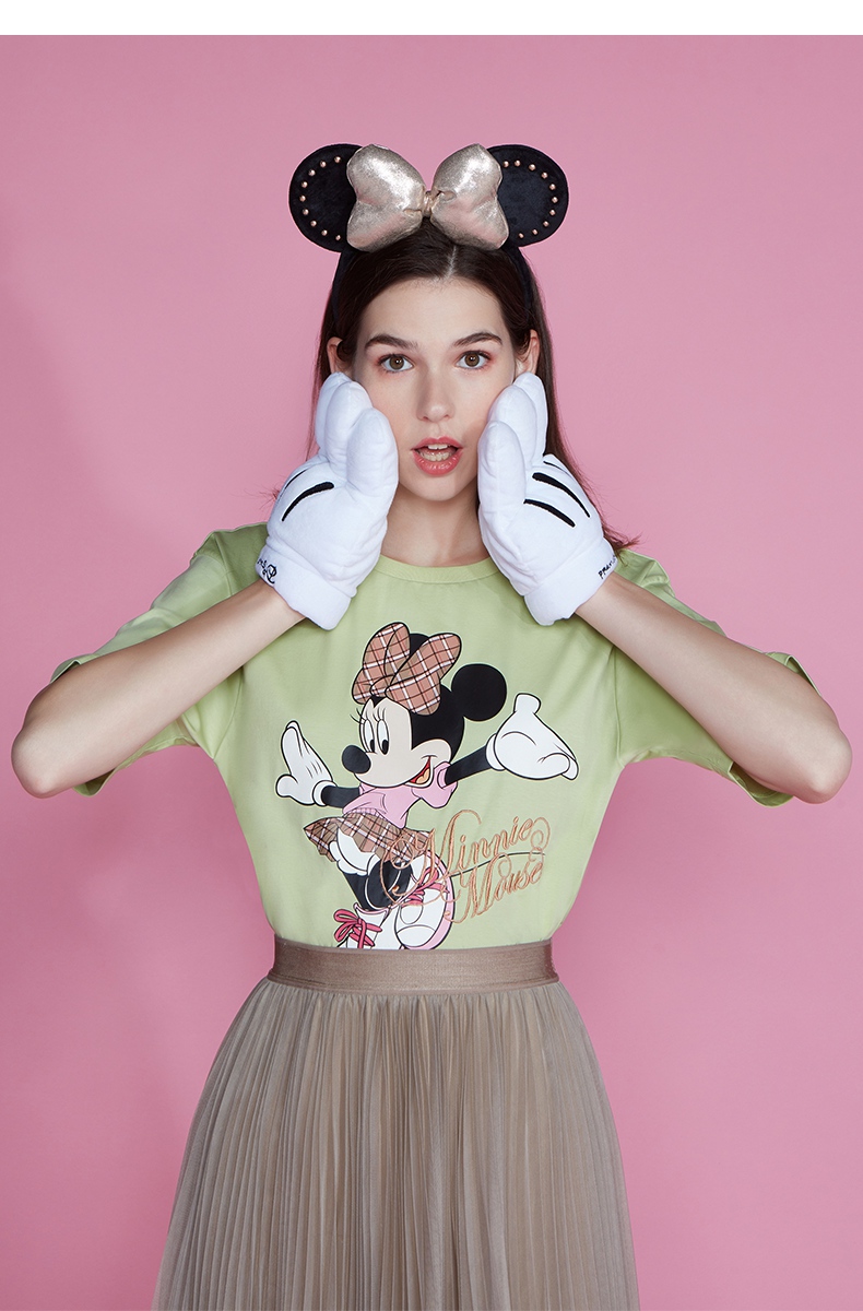 five plus2020新款女装迪士尼米奇联名款短袖t恤女宽松图案上衣 浅粉