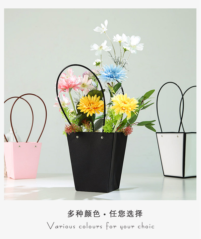 鲜花包装插花袋子牛皮纸手提花艺花束防水插花包装花篮黑色方形小号10