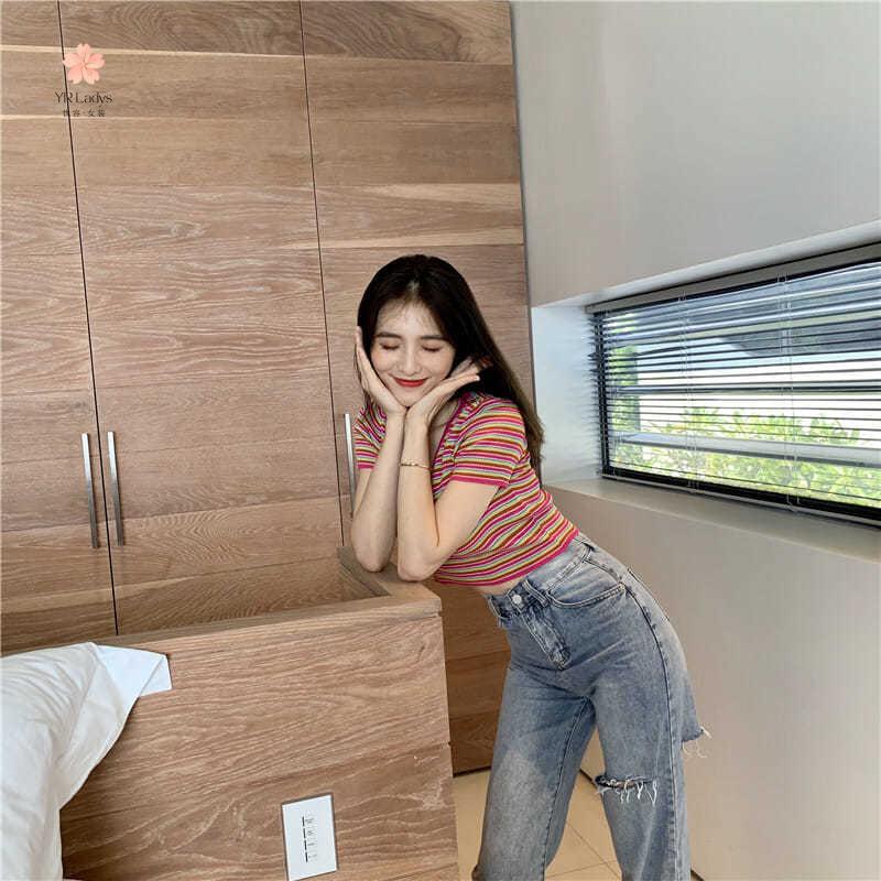 忧容(yourong)泫雅风春夏短款紧身上衣彩虹针织衫女v领撞色条纹短袖