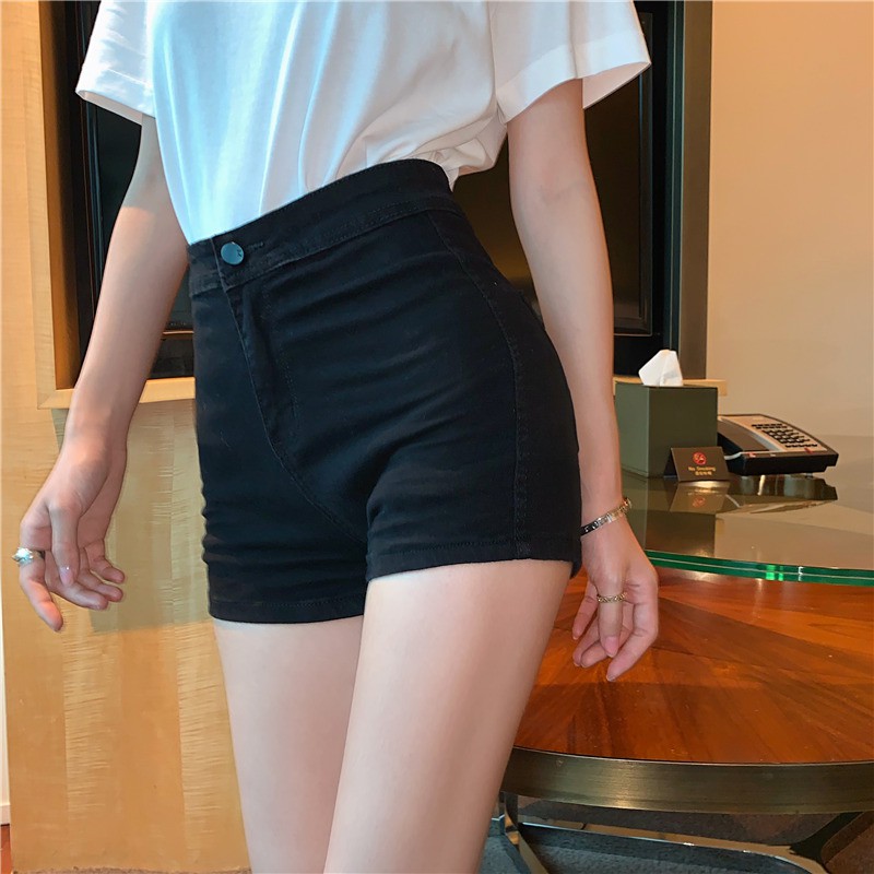 新款春夏网红弹力牛仔短裤女高腰修身春夏显瘦紧身热裤 黑色 m