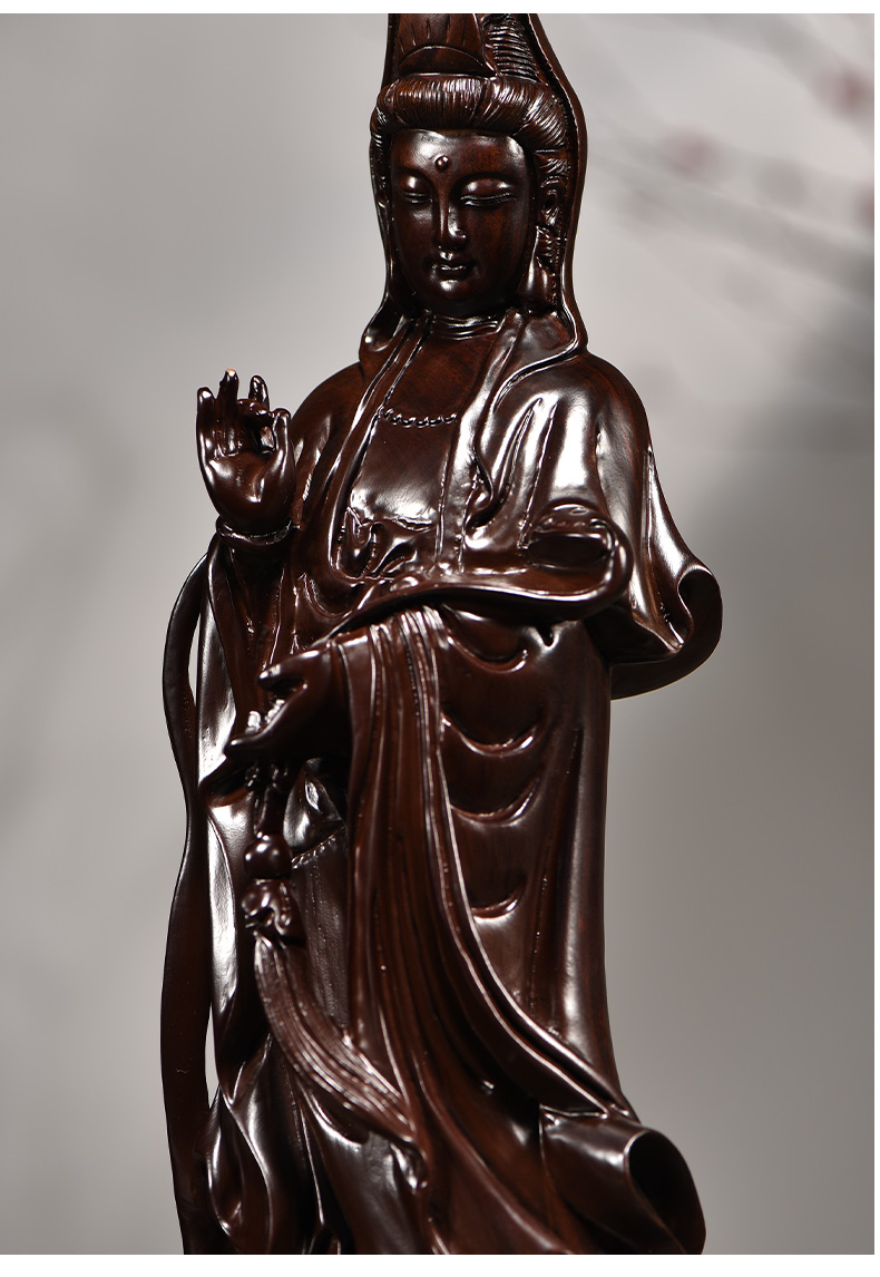 思古实木观音佛像摆件黑檀木雕如意观世音菩萨家居客厅供奉红木工艺品