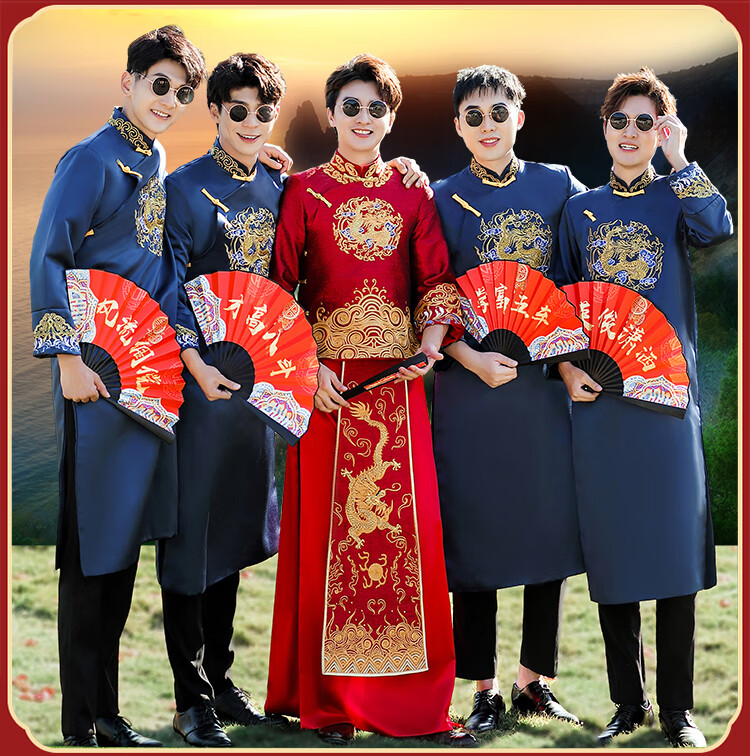 伴郎服套装中式 伴郎服中式兄弟团衣服秋冬天婚礼中国风长袍马褂唐装
