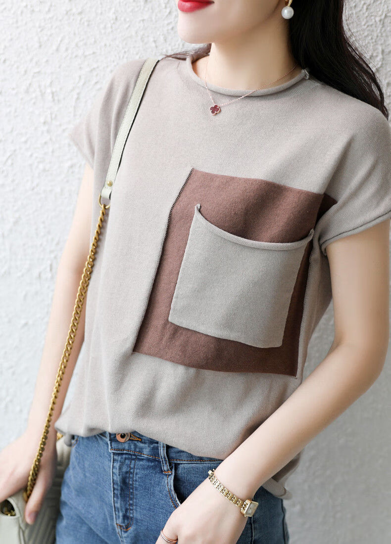 女装针织短袖女夏季亚麻棉质半高领t恤衫拼接兜宽松韩版棉麻上衣红色