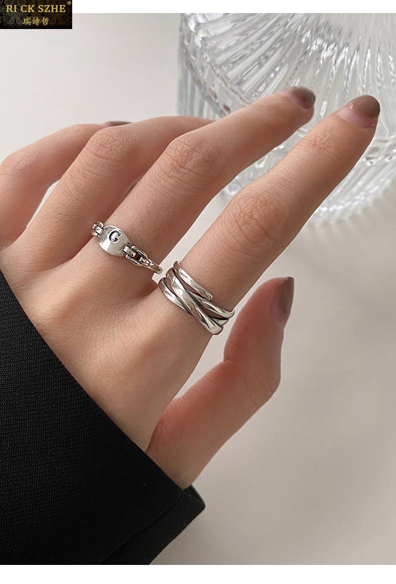轻奢品牌925银戒指女潮人时尚开口宽版冷淡小众单身食指中指叠戴g戒指