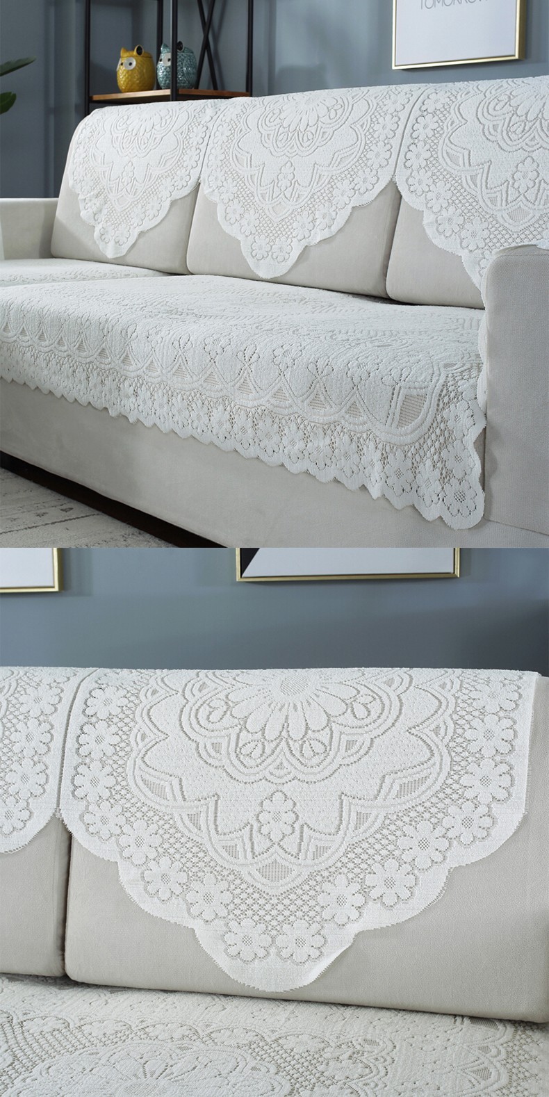 沙发垫套装沙发巾盖布四季通用靠背巾针织绣花蕾丝纯色镂空布艺扶手巾