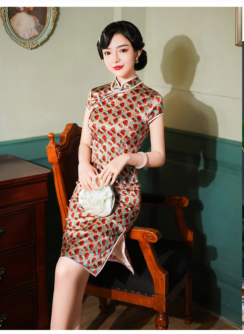 连衣裙2021春秋新款重磅真丝短款旗袍修身显瘦日常可穿雅旗依图片色s
