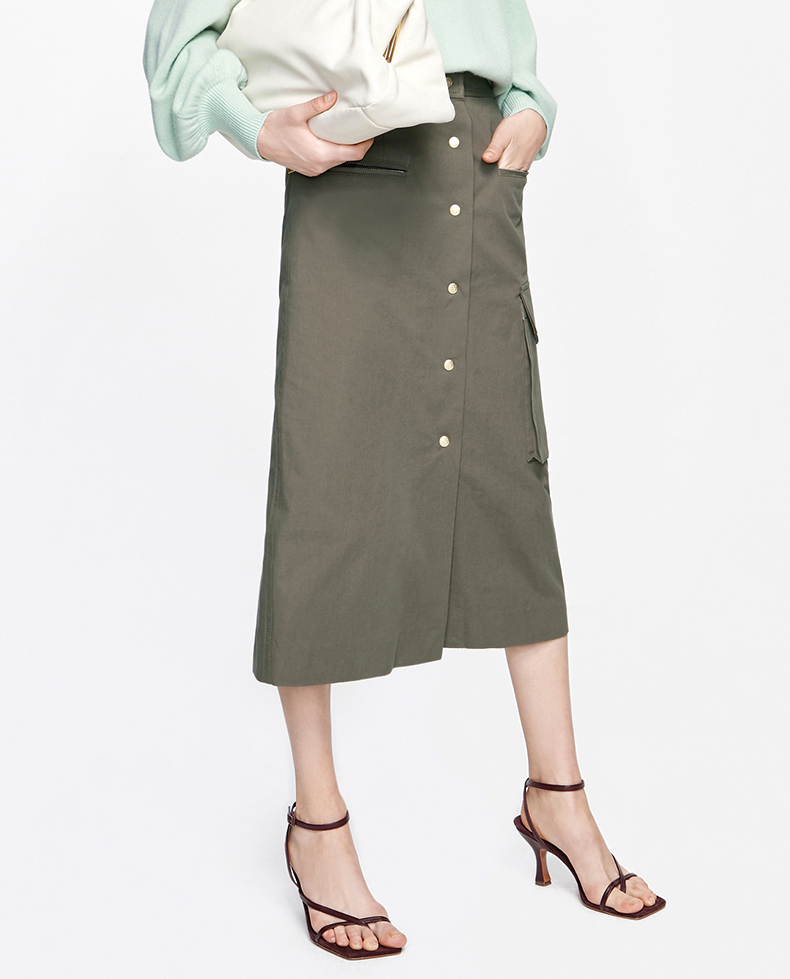 edition大口袋工装半裙女高腰显瘦a字中长款军绿色s160