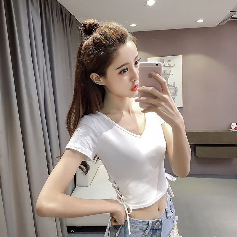 wsng夏季漏肚脐衣服性感短款紧身系带t恤女短袖韩版高腰露脐短装上衣