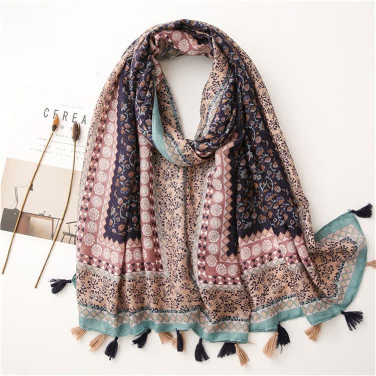 风藤花棉麻印花围巾防晒丝巾两用流苏长款披肩波西米亚风橘红18090