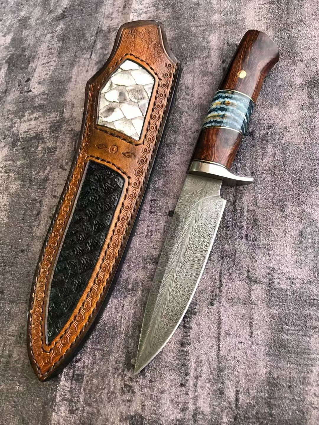 硕哥 纹直刀沙漠铁木猛犸齿牙化石组合手柄大马士革钢刀收藏送礼刀具