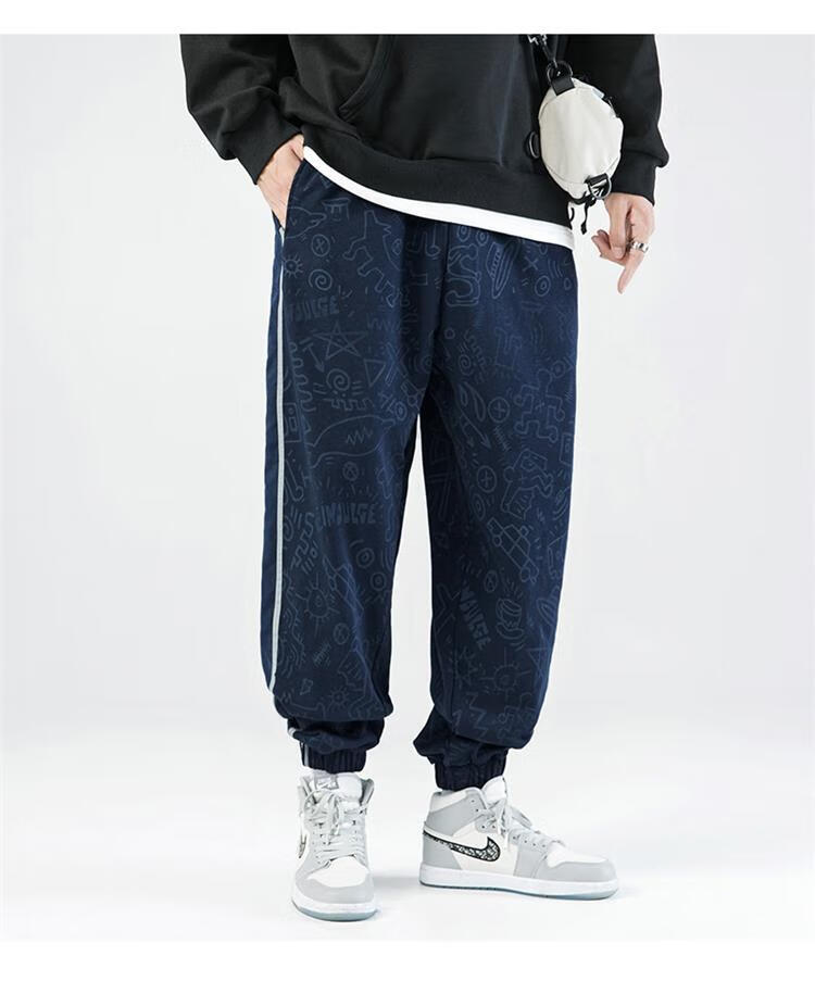 塞下南相秋冬季新款嘻哈条纹哈伦束脚卫裤男士宽松炸街运动休闲长裤子