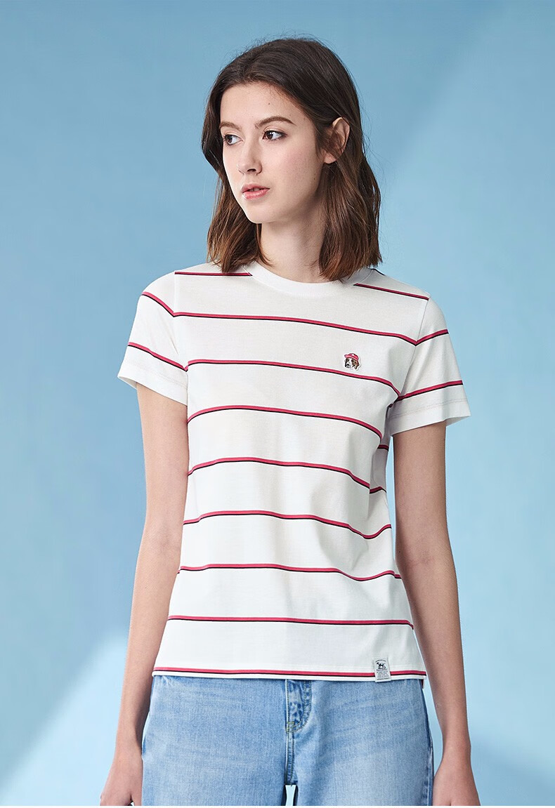 商场同款哈吉斯hazzys夏季新款t恤女条纹圆领新疆棉astse01be54藏青色