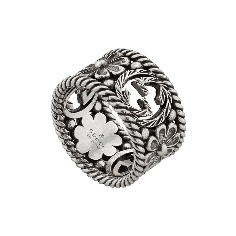 gucci/古驰戒指女925纯银复古做旧双g带花朵标志戒指男 ybc