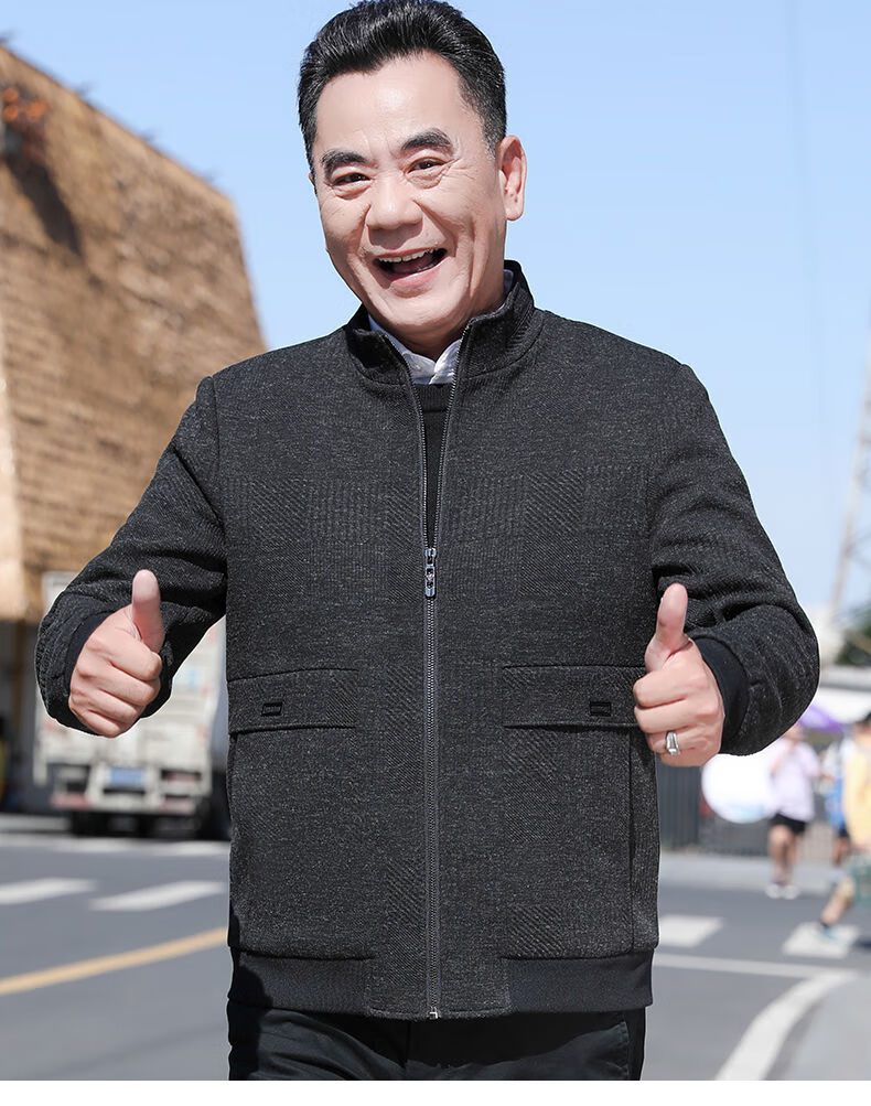 高端男装新款50岁爸爸外套加棉毛呢外套男休闲中年男士外套夹克冬装