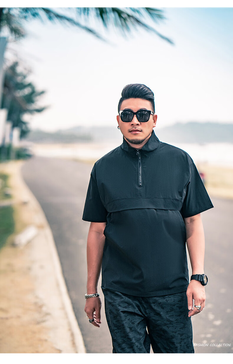 坦野t恤男大码男装潮牌夏季加肥加大拼接纯色中领短袖男款肥佬宽松