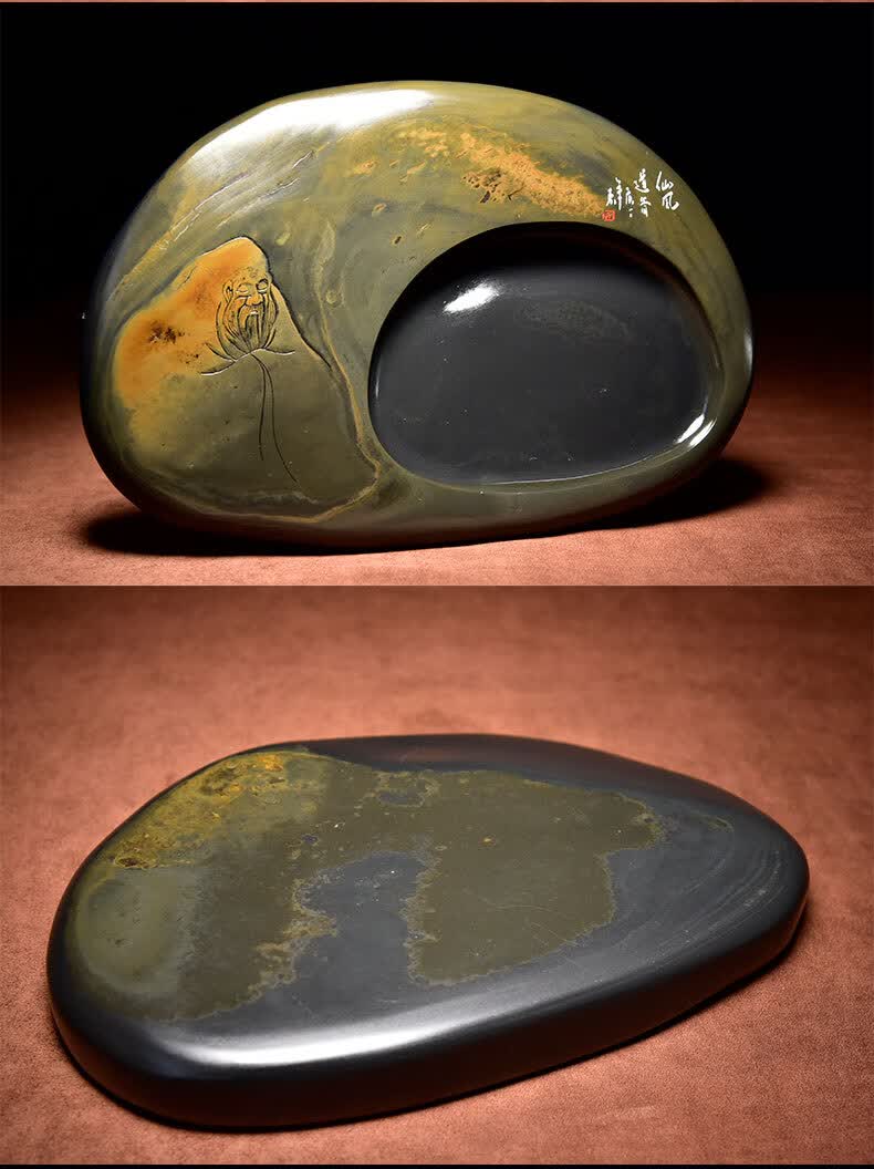 典藏歙砚张子坚作品雕刻龙尾山金晕籽料老坑原石人物题材砚台文房收藏