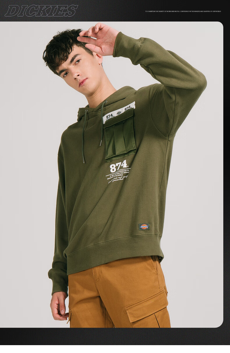 dickies印花长袖连帽卫衣男式大口袋宽松套头衫dk008084军绿色00m