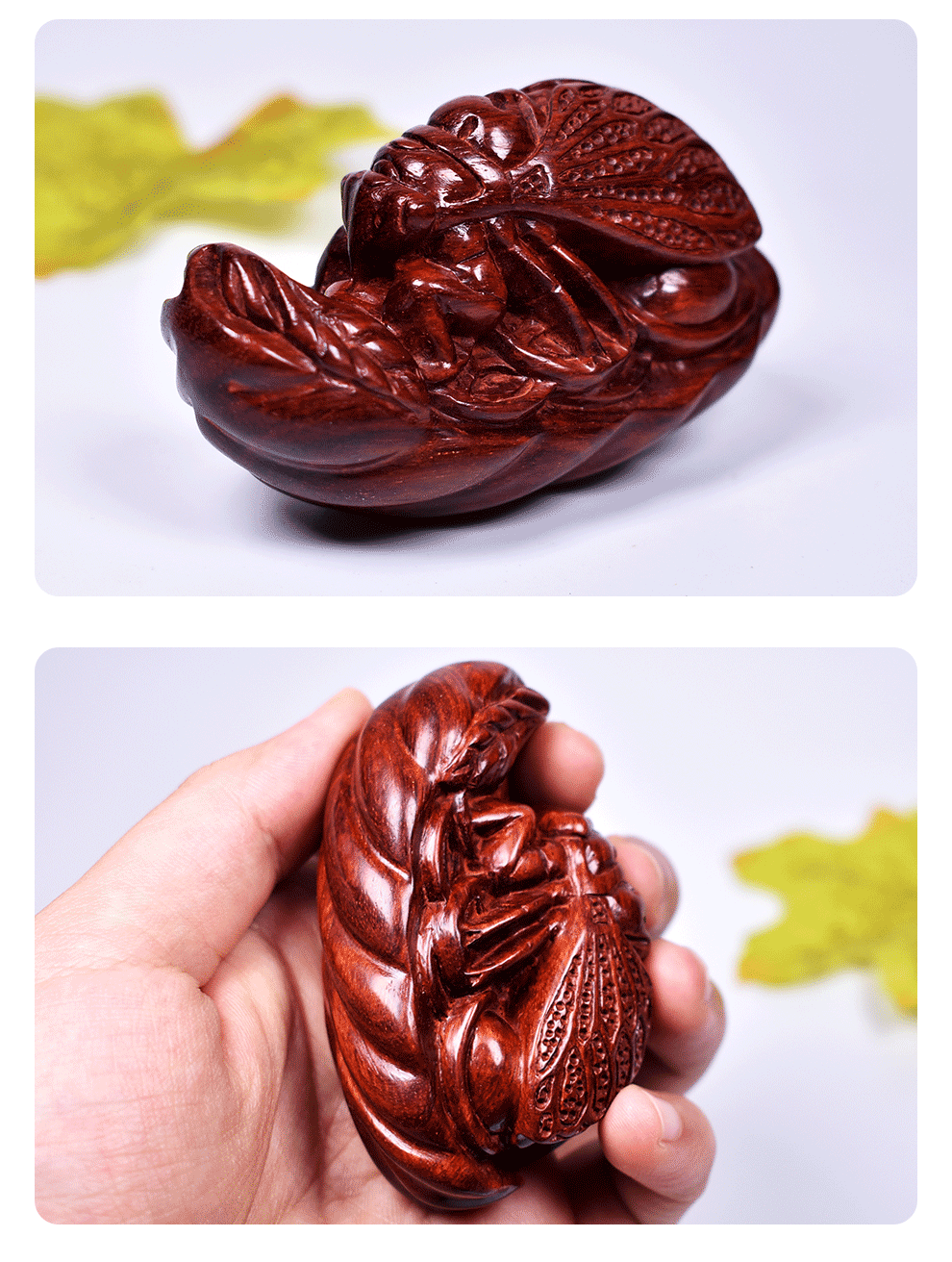 时尚配饰木雕小叶紫檀木摆件手工雕刻叶子知了蝉一夜成名手把件随身