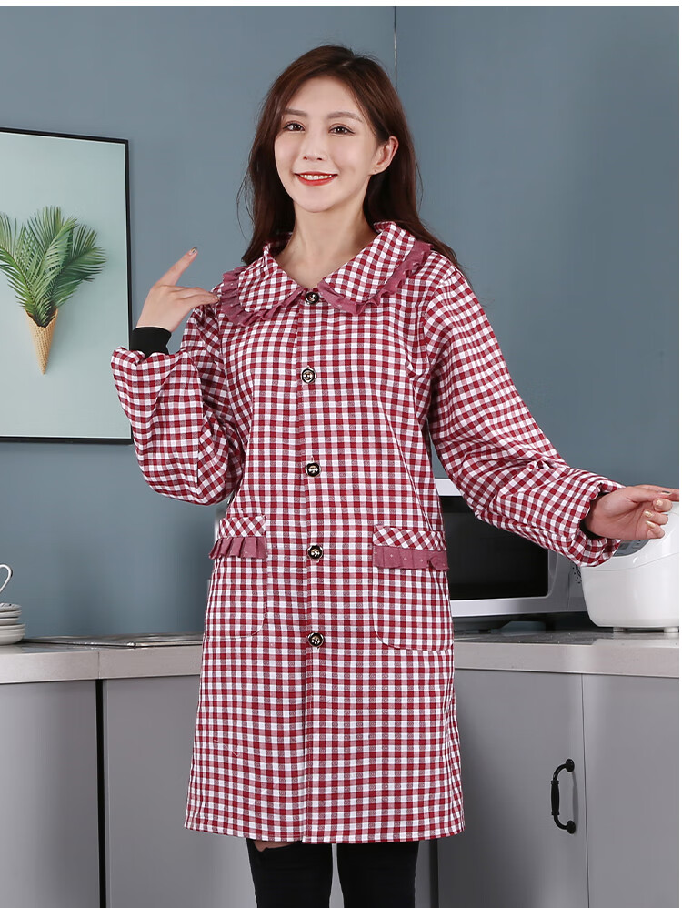 干活穿的衣服罩衣女夏大人长袖家用厨房款围裙工作服女 正穿纯棉花边