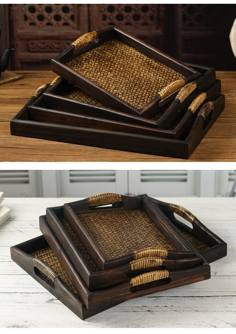 泰国实木托盘长方形复古中式商用小茶盘竹编木质家用茶杯托盘平把手
