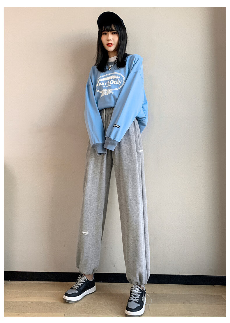 灰色阔腿裤女春秋季2021新款直筒高腰垂感休闲束脚卫裤运动裤春秋 浅