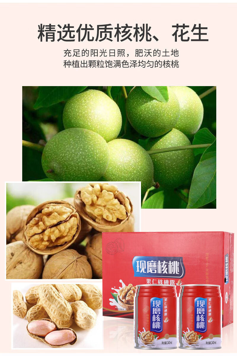 低糖果仁核桃露学生中老年补钙健脑整箱蛋白早餐饮料送礼品袋10罐核桃