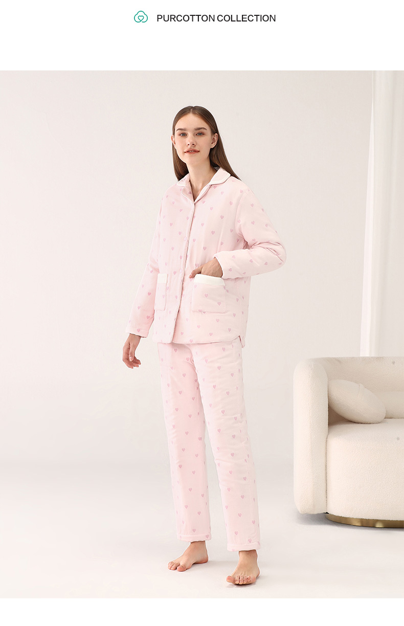 全棉时代情侣休闲双层纱布夹棉家居服套装h版睡衣厚款女款粉色爱心xl