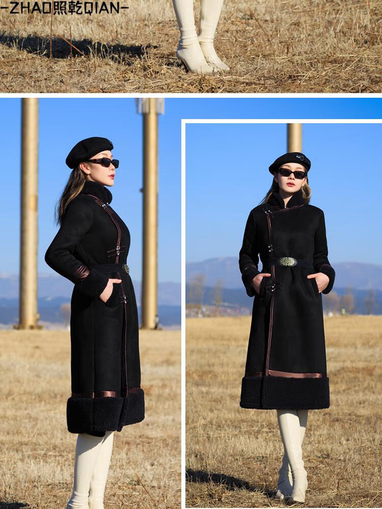 照乾蒙古袍冬天保暖蒙古服装女士秋冬款羊羔毛加绒带毛加厚蒙古元素