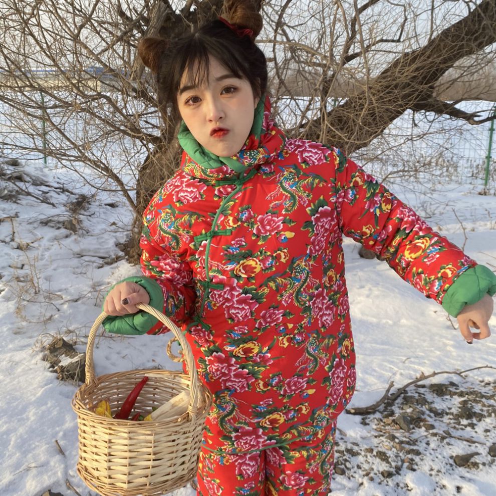 东北大花布民族风套装棉袄棉裤大花袄加厚棉衣女冬长袖大棉袄服装喜庆